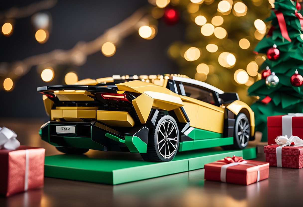 A LEGO Lamborghini Sián set sits on a Christmas-themed table with gift wrapping and decorations, surrounded by other gift options