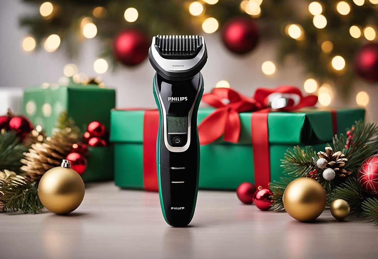 A neatly wrapped gift box with the Philips Norelco Multigroomer All-in-One Trimmer 15 inside, surrounded by festive Christmas decorations, on a table