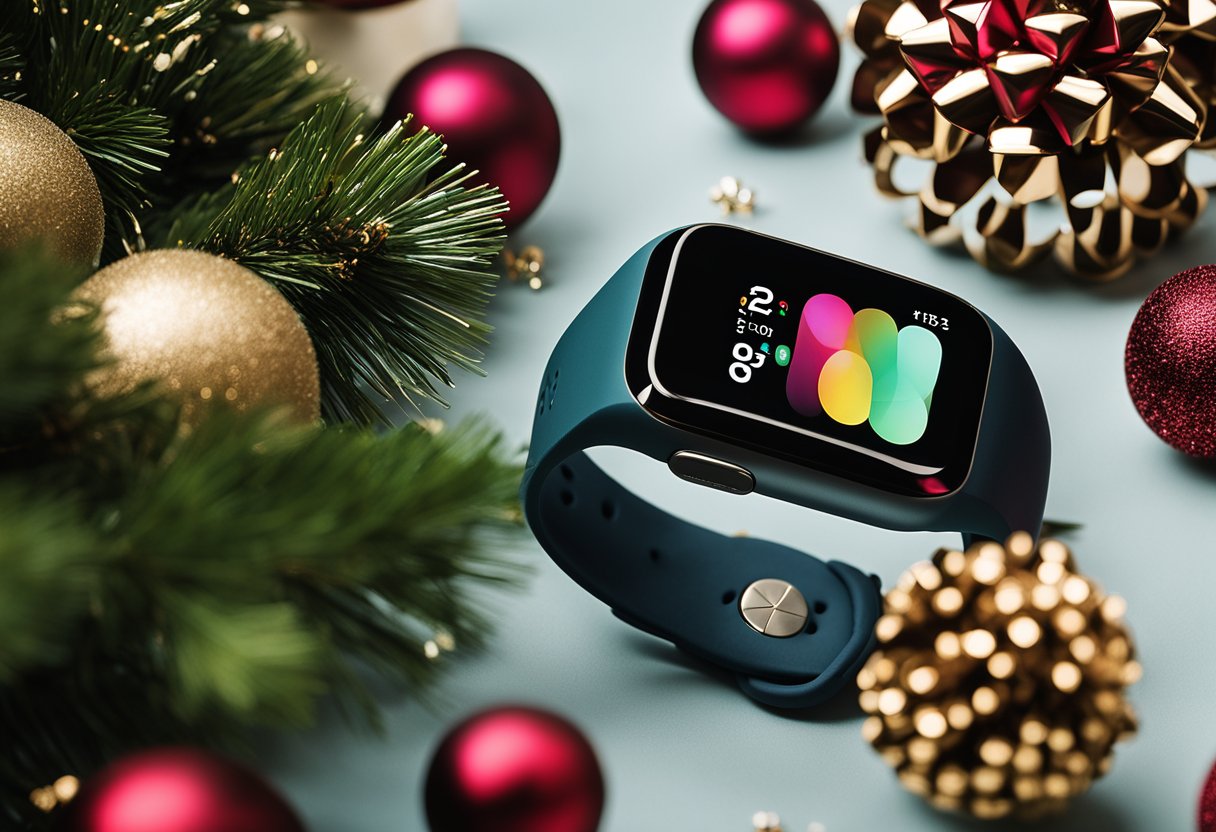 A Fitbit Charge 5 displayed on a festive Christmas background with gift wrapping and holiday decorations, available for purchase on Amazon