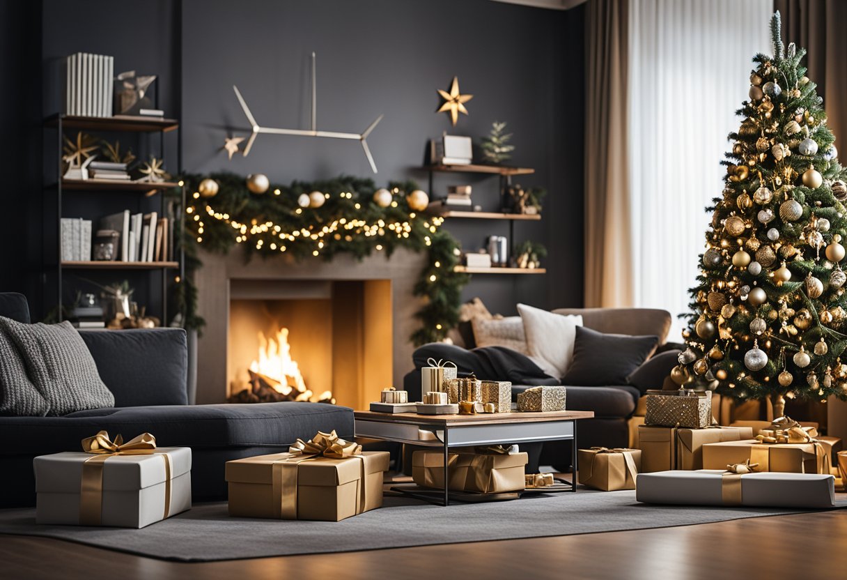 A cozy living room with a decorated Christmas tree surrounded by 15 Amazon gift boxes for men, including gadgets, books, and grooming products