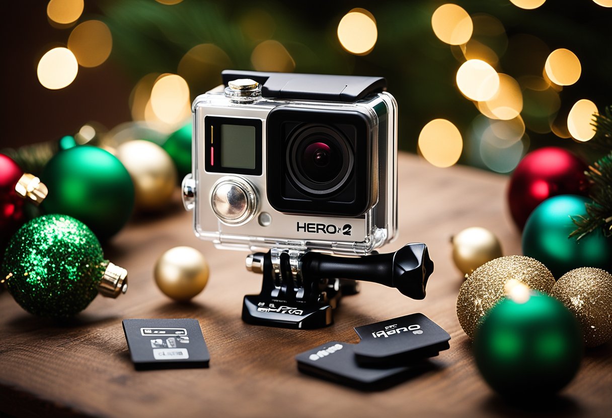 A GoPro HERO12 Black surrounded by Christmas decorations on a wooden table, with a festive gift tag and Amazon logo in the background