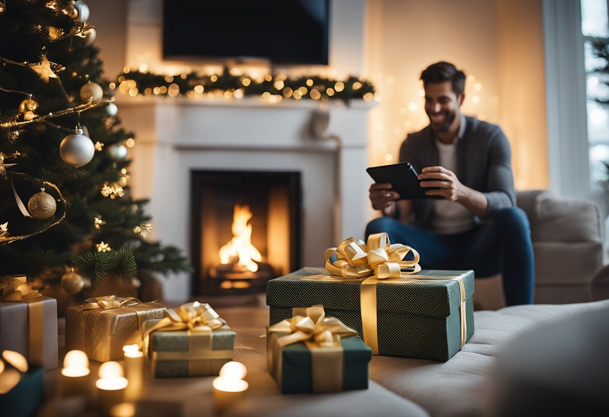 A cozy living room with a decorated Christmas tree, a roaring fireplace, and a man unwrapping a Kindle Paperwhite Signature Edition surrounded by gift boxes