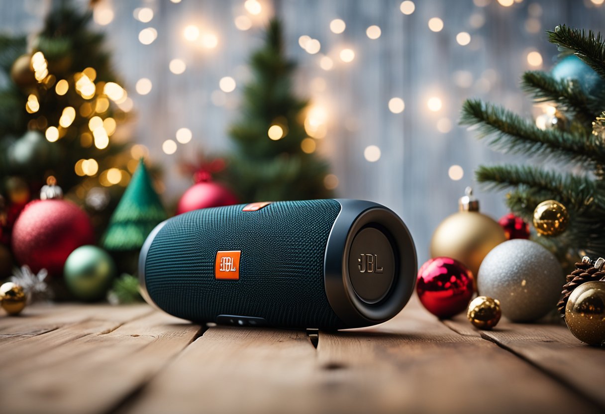 A JBL Flip 6 speaker sits on a rustic wooden table surrounded by festive Christmas decorations