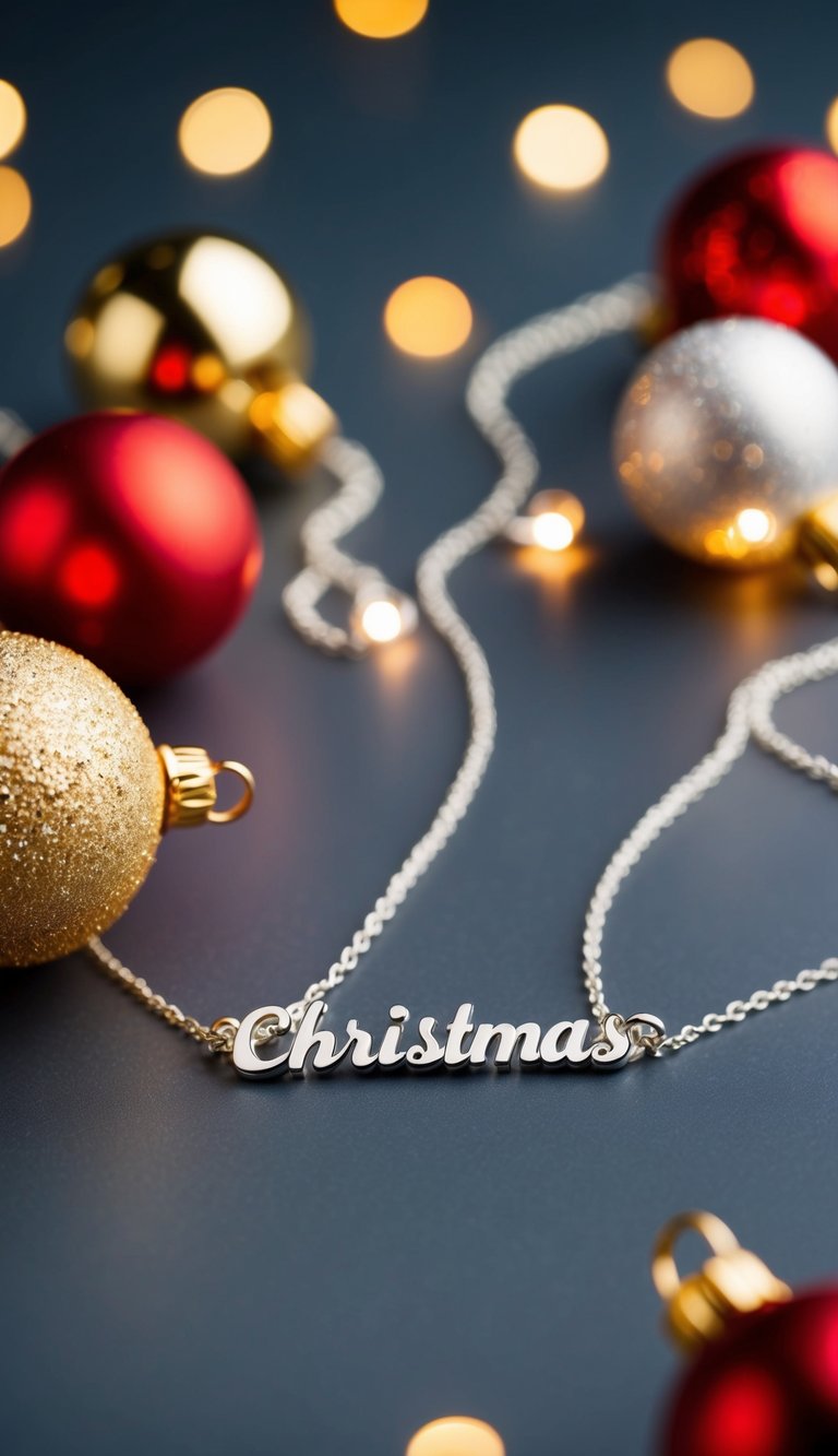 A delicate silver chain with a personalized name pendant, surrounded by festive Christmas stocking fillers for women