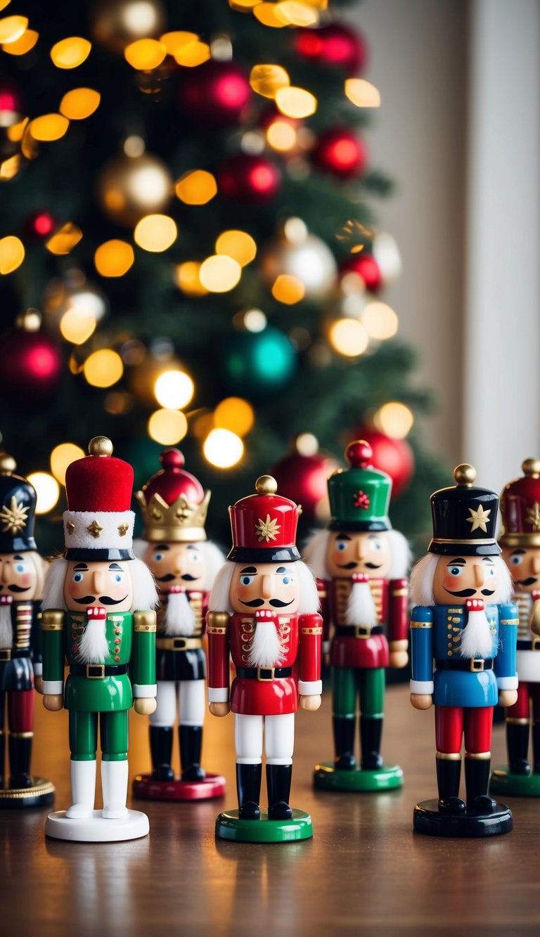 A festive table adorned with miniature Nutcracker figurines in various holiday-themed decorations and colors