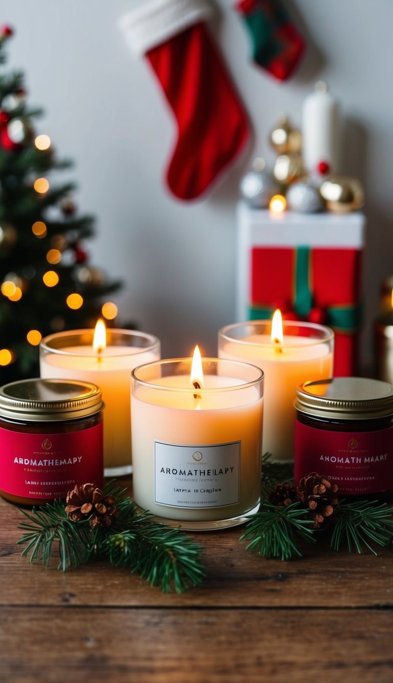 Aromatherapy candle set arranged with festive decor and stockings