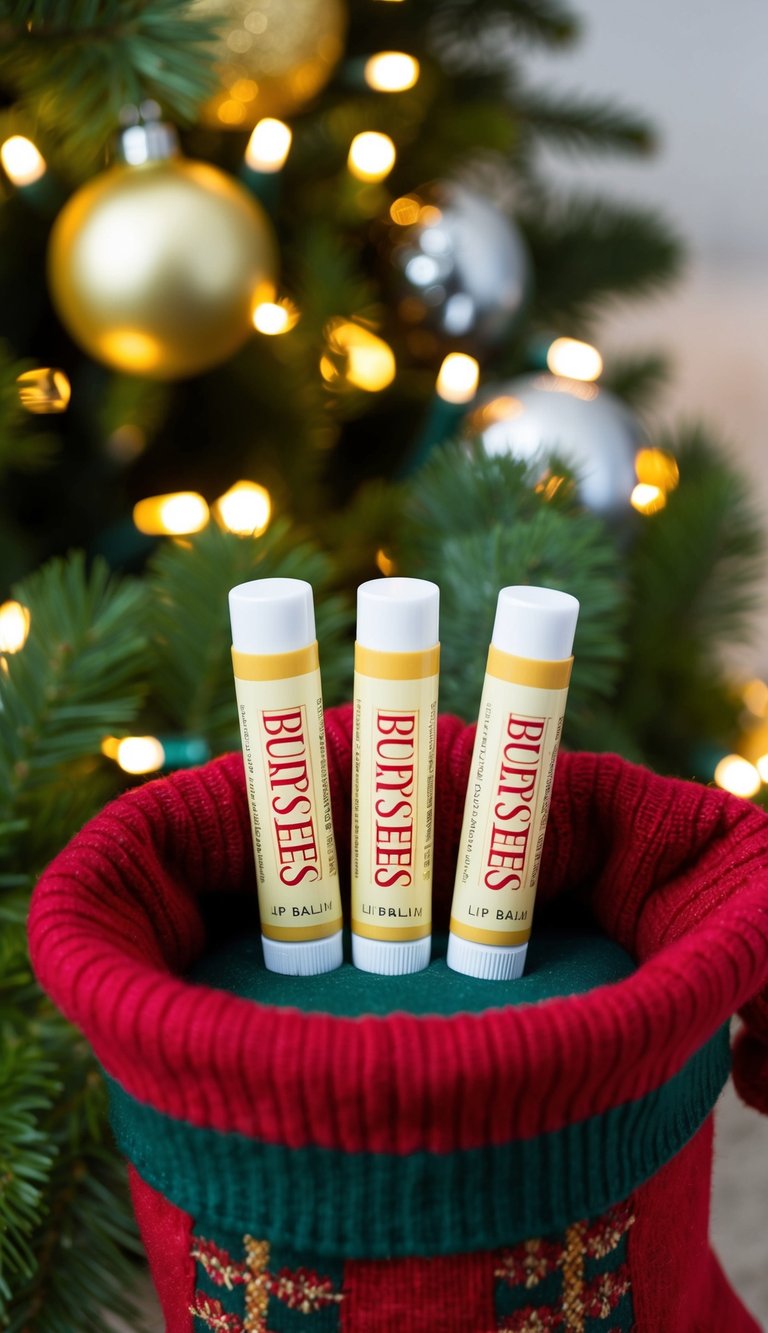 Three Burt's Bees lip balm tubes arranged in a festive Christmas stocking with greenery and twinkling lights in the background