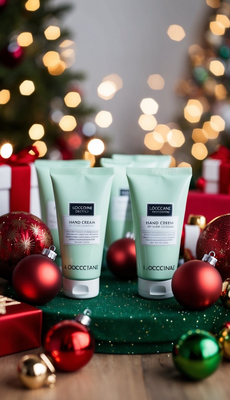 A festive scene with 20 L'Occitane hand cream tubes surrounded by Christmas stocking fillers for women