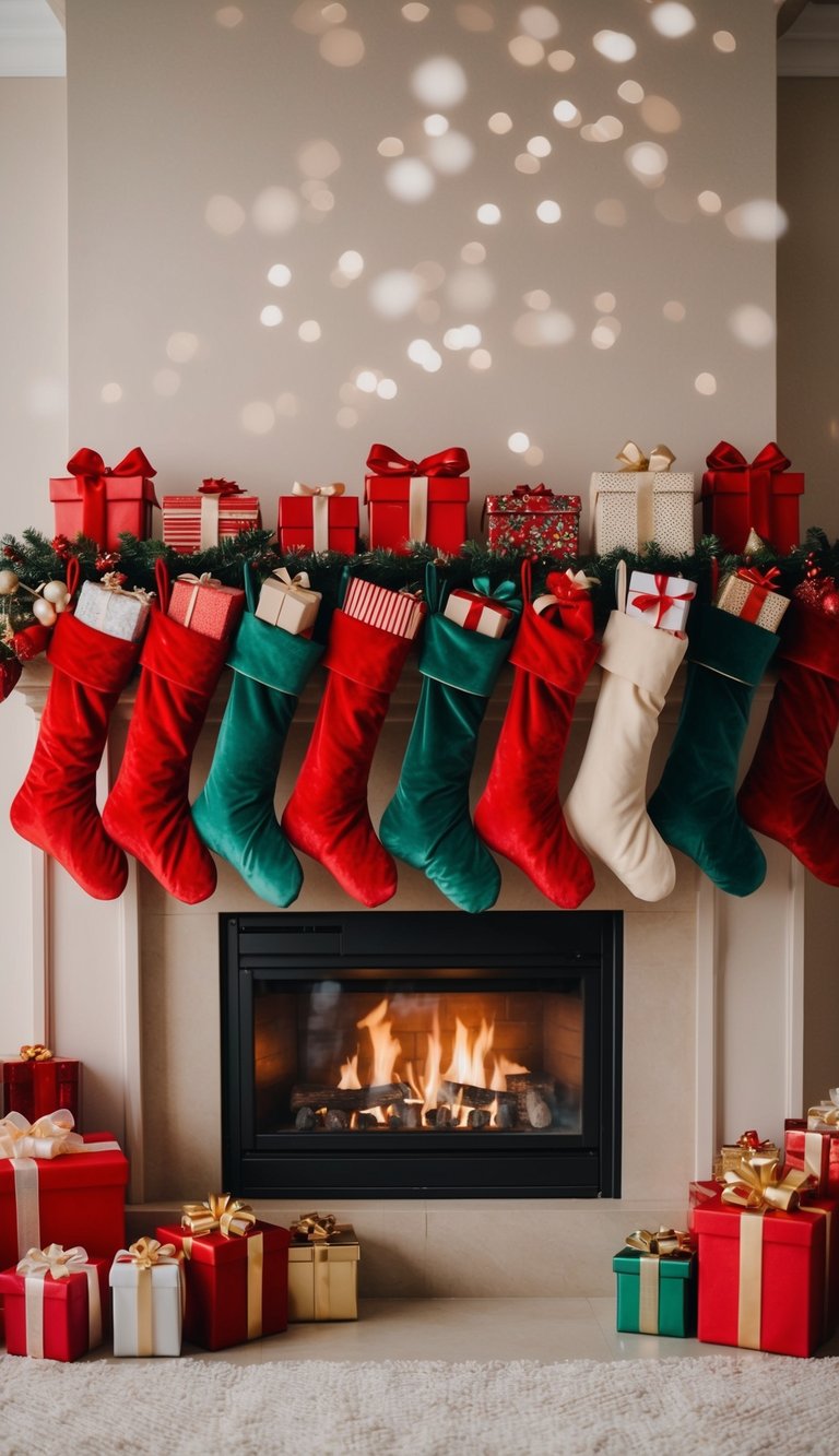 A cozy fireplace with 20 festive stockings filled with gifts for women