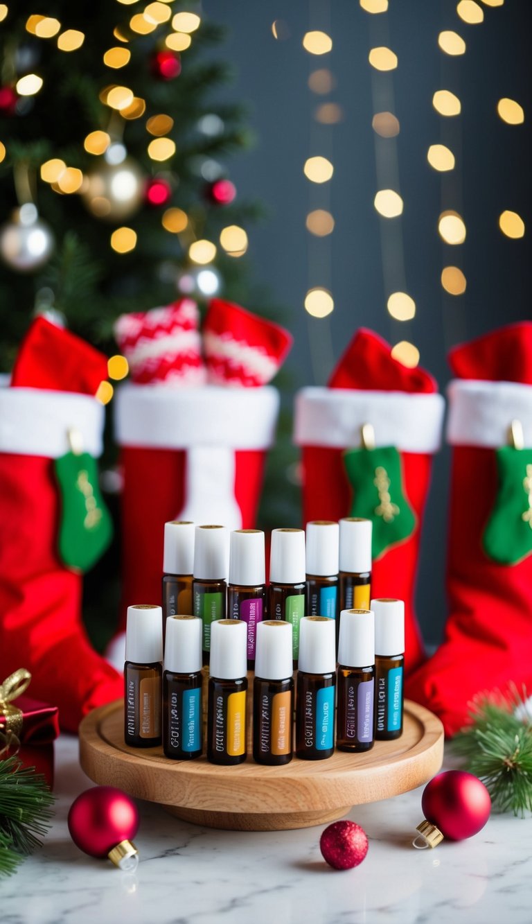 A festive display of 20 essential oil rollerballs surrounded by Christmas stockings, ready to be filled as gifts for women