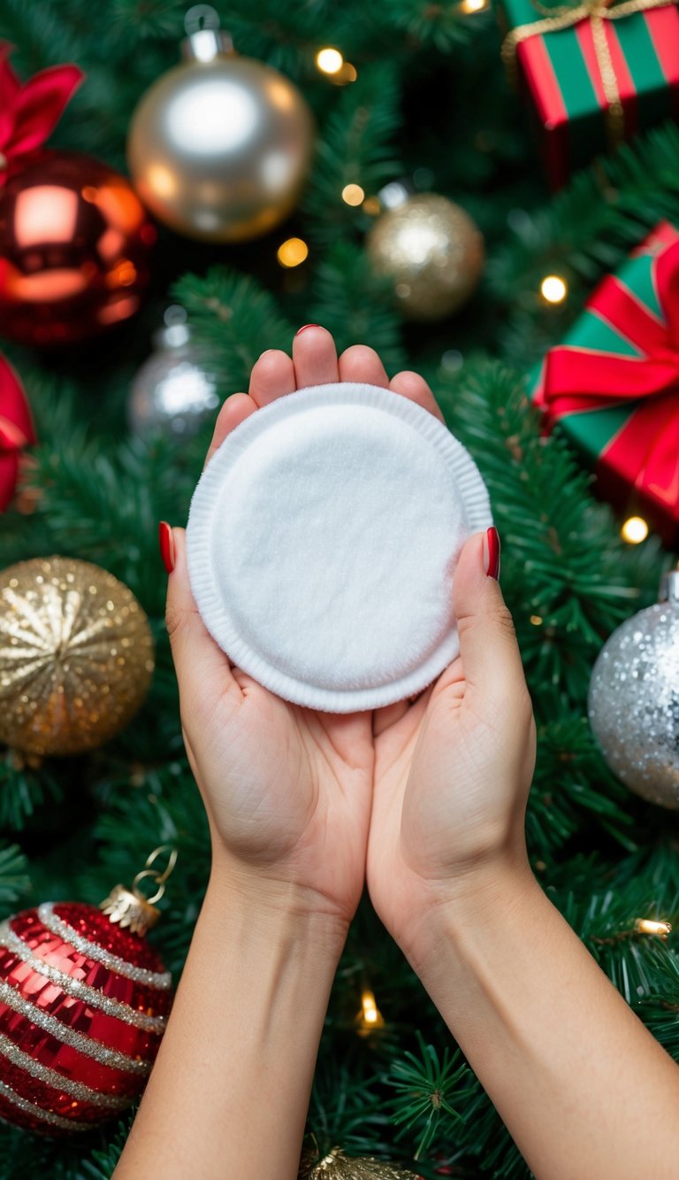 A hand holding a reusable makeup remover pad surrounded by festive Christmas stocking fillers for women