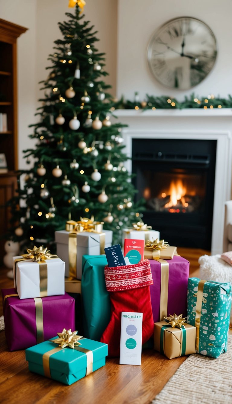 A cozy living room with a fireplace, a Christmas tree, and a pile of wrapped presents, including a stocking filled with a Headspace Meditation Subscription and other gifts for women