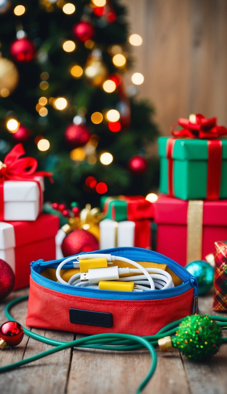 A colorful pouch filled with cords and cables, surrounded by festive holiday decorations and gifts