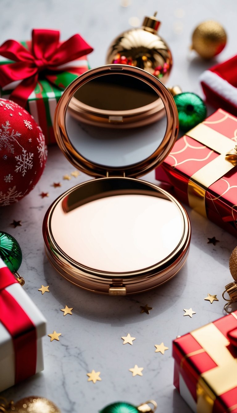 A rose gold compact mirror surrounded by festive Christmas stocking fillers for women