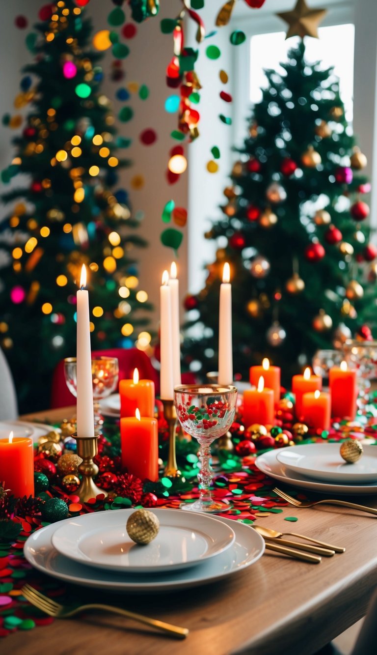 A Christmas table adorned with colorful confetti, candles, and festive decorations