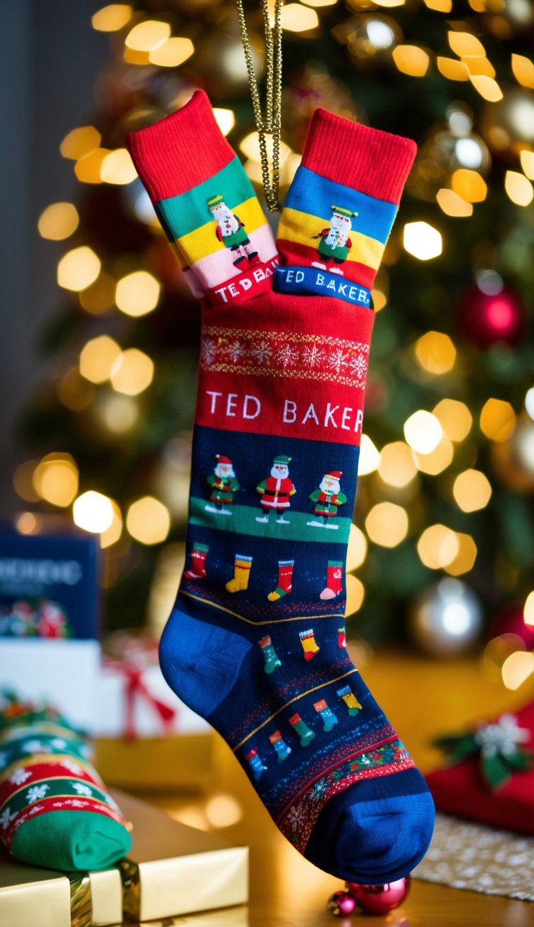 A festive display of 20 pairs of colorful TED BAKER socks arranged in a decorative Christmas stocking