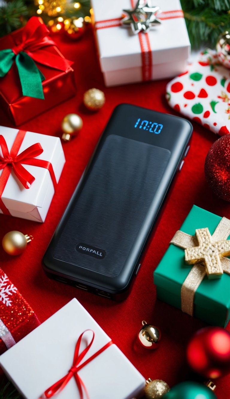 A portable phone charger surrounded by festive Christmas stocking fillers for women