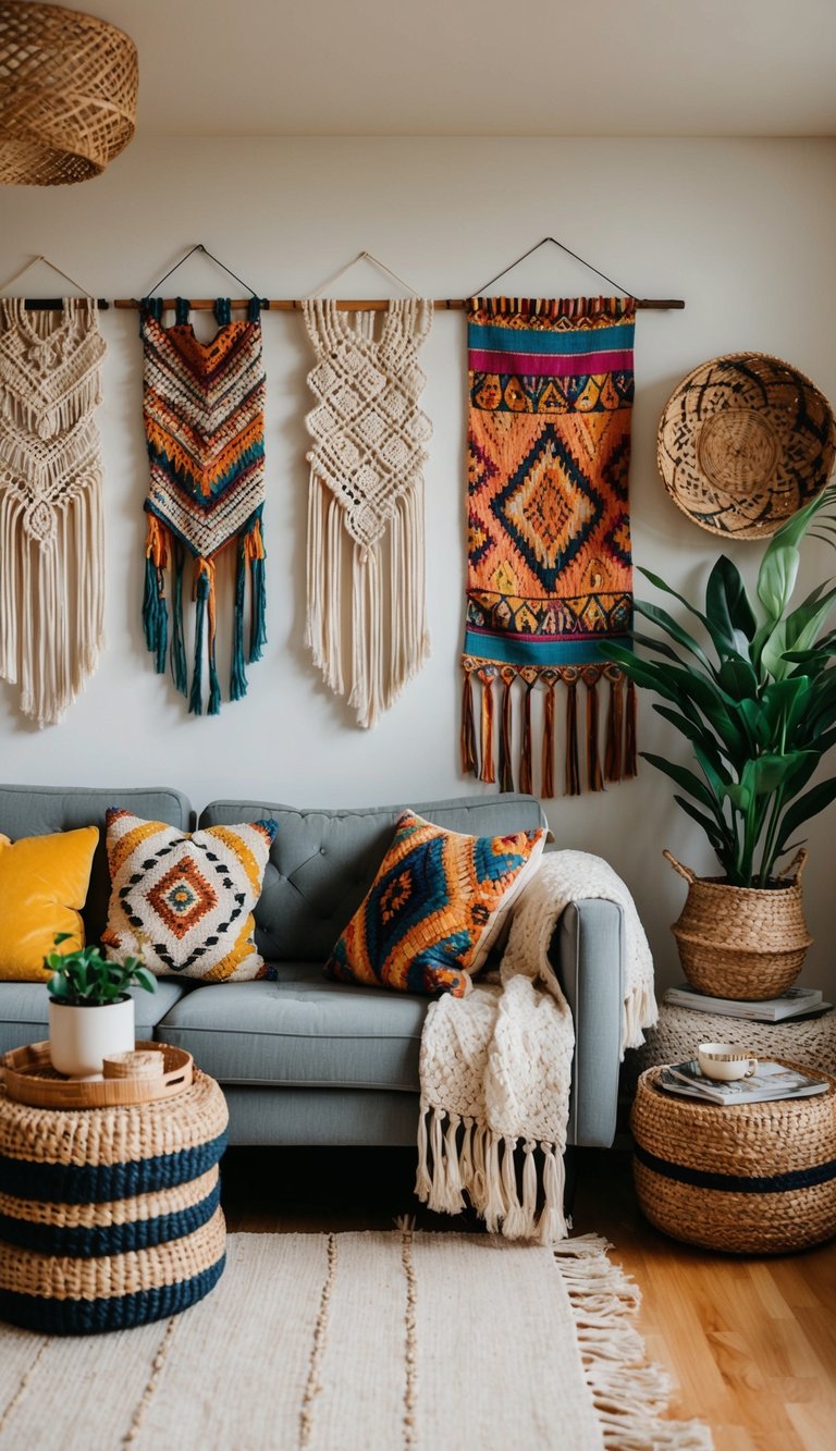 A cozy living room with macrame wall hangings, colorful tapestries, and woven baskets adorning the walls. A mix of plants and eclectic artwork adds to the boho vibe