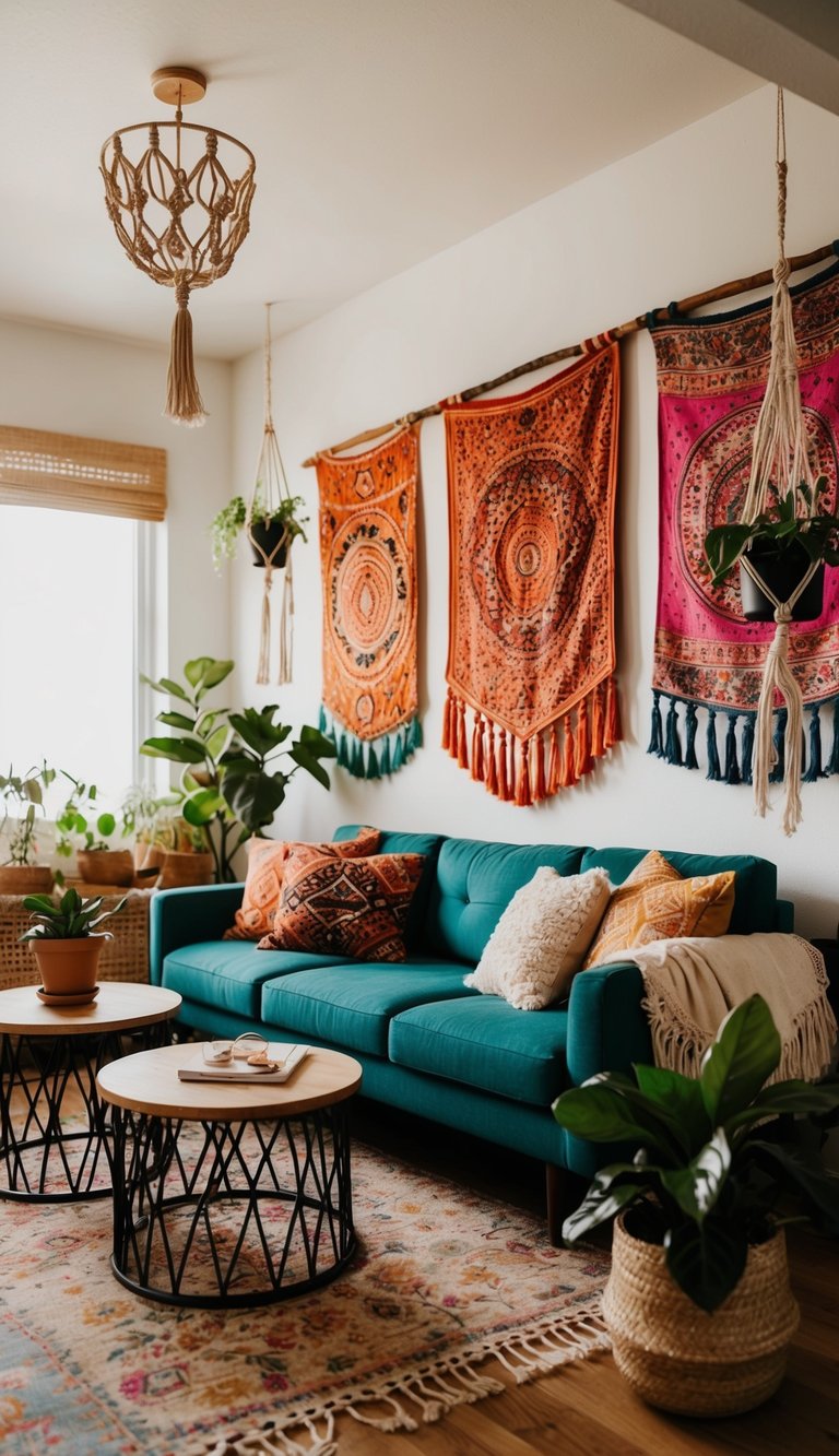 A cozy living room with eclectic wall hangings, vibrant tapestries, and macrame plant hangers adding boho flair to the space