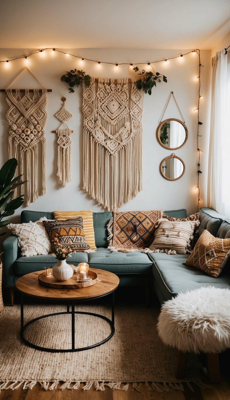 A cozy bohemian living room with macrame wall hangings, woven tapestries, and eclectic mix of vintage mirrors and string lights