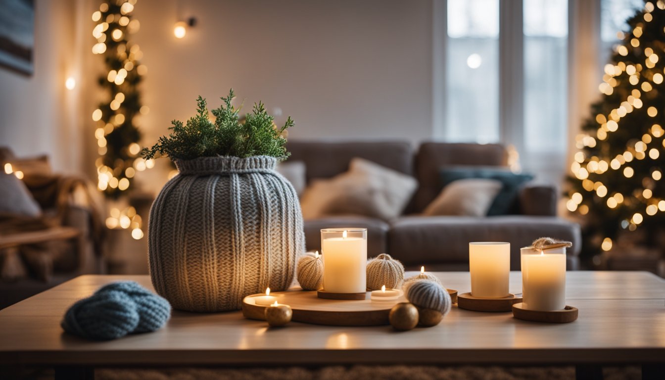 A cozy living room with a table covered in handmade gifts like knitted scarves, painted mugs, and potted plants. Twinkling lights and festive decorations add to the warm and inviting atmosphere