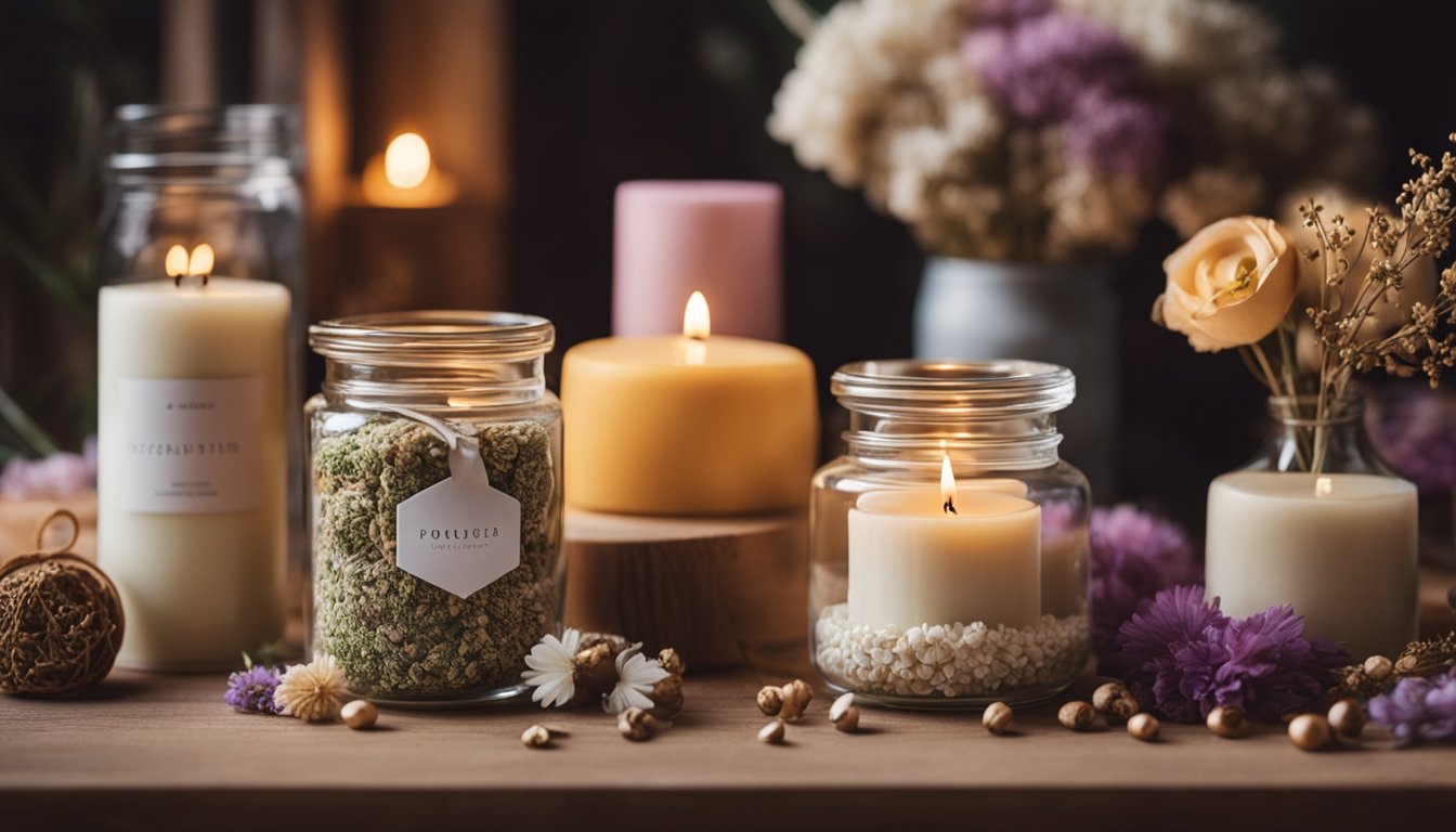 A cozy table with various handmade scented candles, surrounded by colorful ribbons, dried flowers, and decorative jars