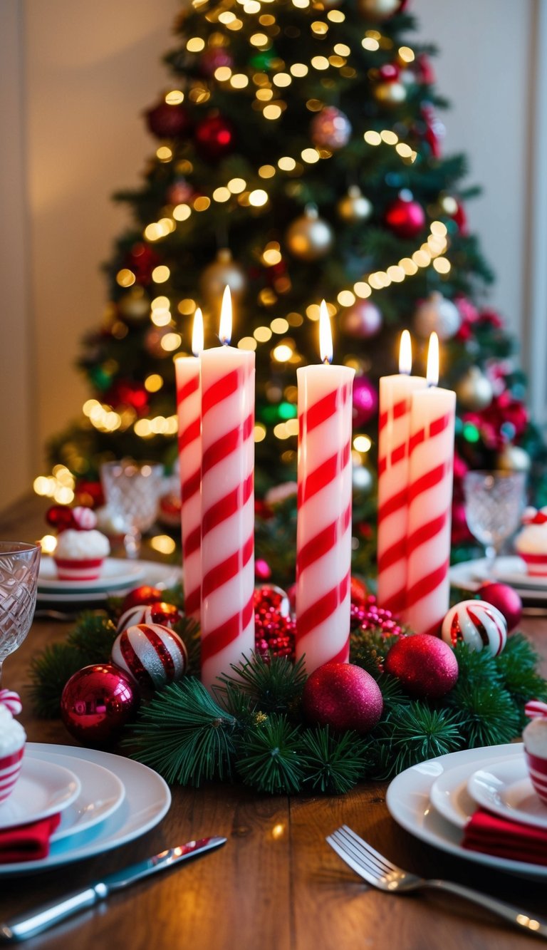 A festive Christmas table with peppermint swirl candles as the centerpiece, surrounded by various decorations and holiday-themed elements