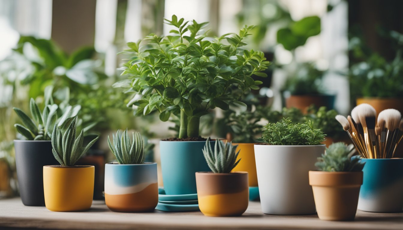 A table with colorful painted plant pots, surrounded by paint brushes and small potted plants