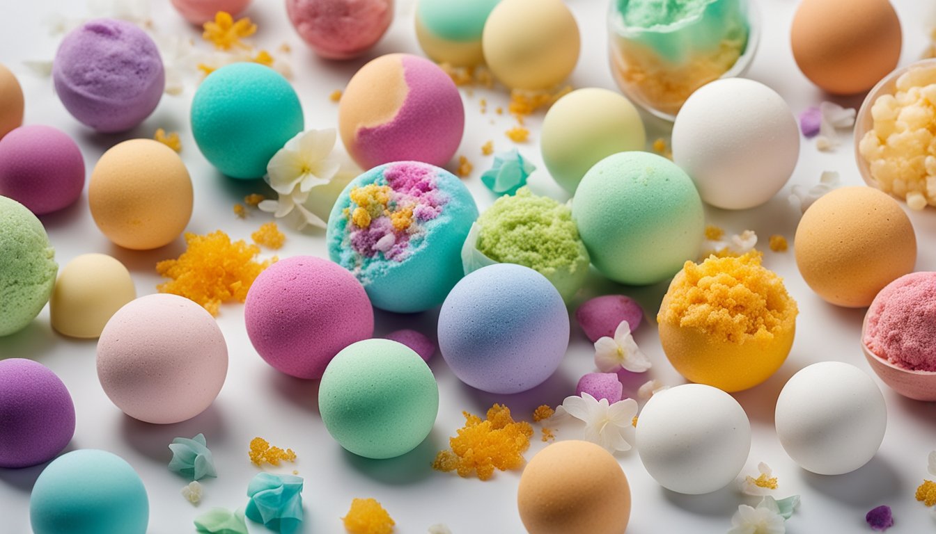 A colorful array of bath bomb ingredients and molds arranged on a clean, white surface with a bright, inviting backdrop