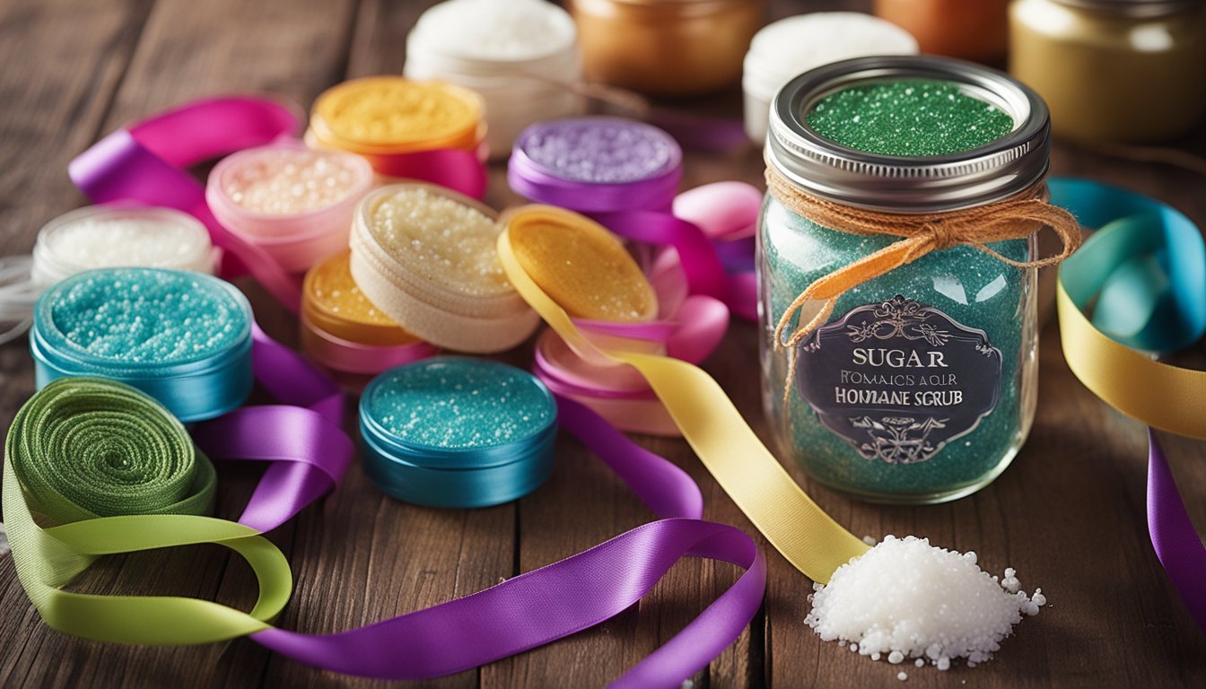 A mason jar filled with homemade sugar scrub sits on a wooden table, surrounded by colorful ribbons, twine, and decorative labels