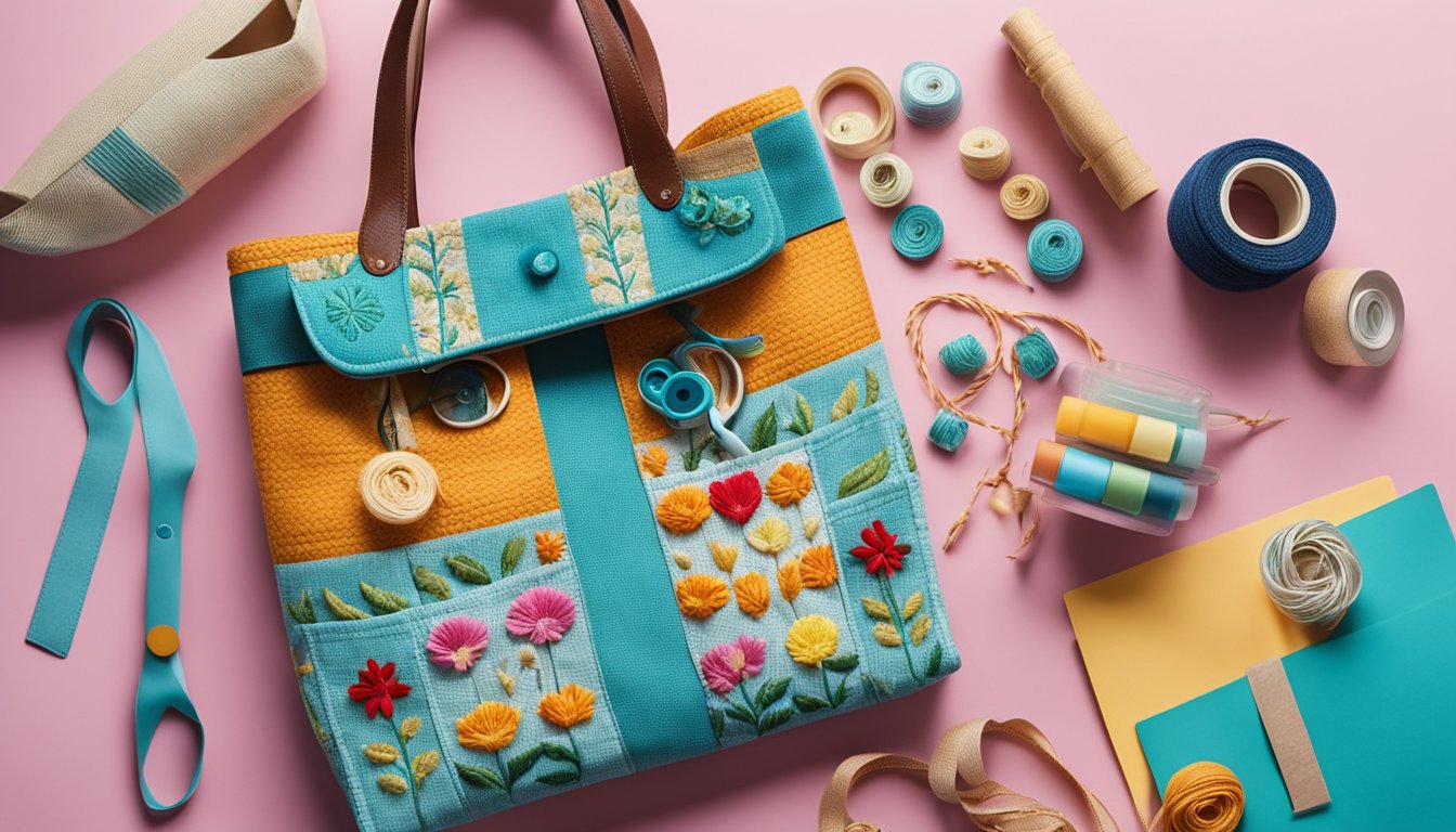 A colorful embroidered tote bag surrounded by crafting supplies and a handmade card, set against a bright and cheerful background