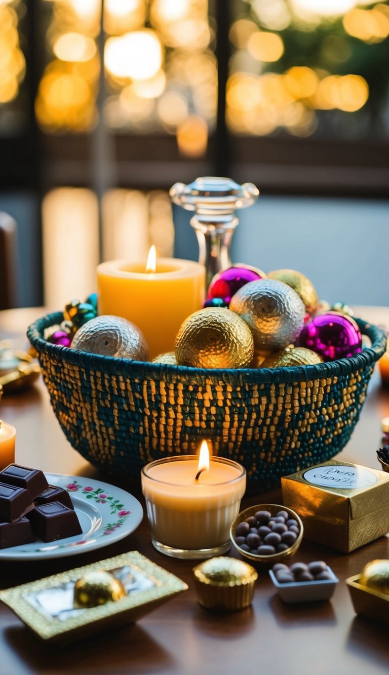 A table with various inexpensive items such as candles, chocolates, and small trinkets arranged in a decorative basket