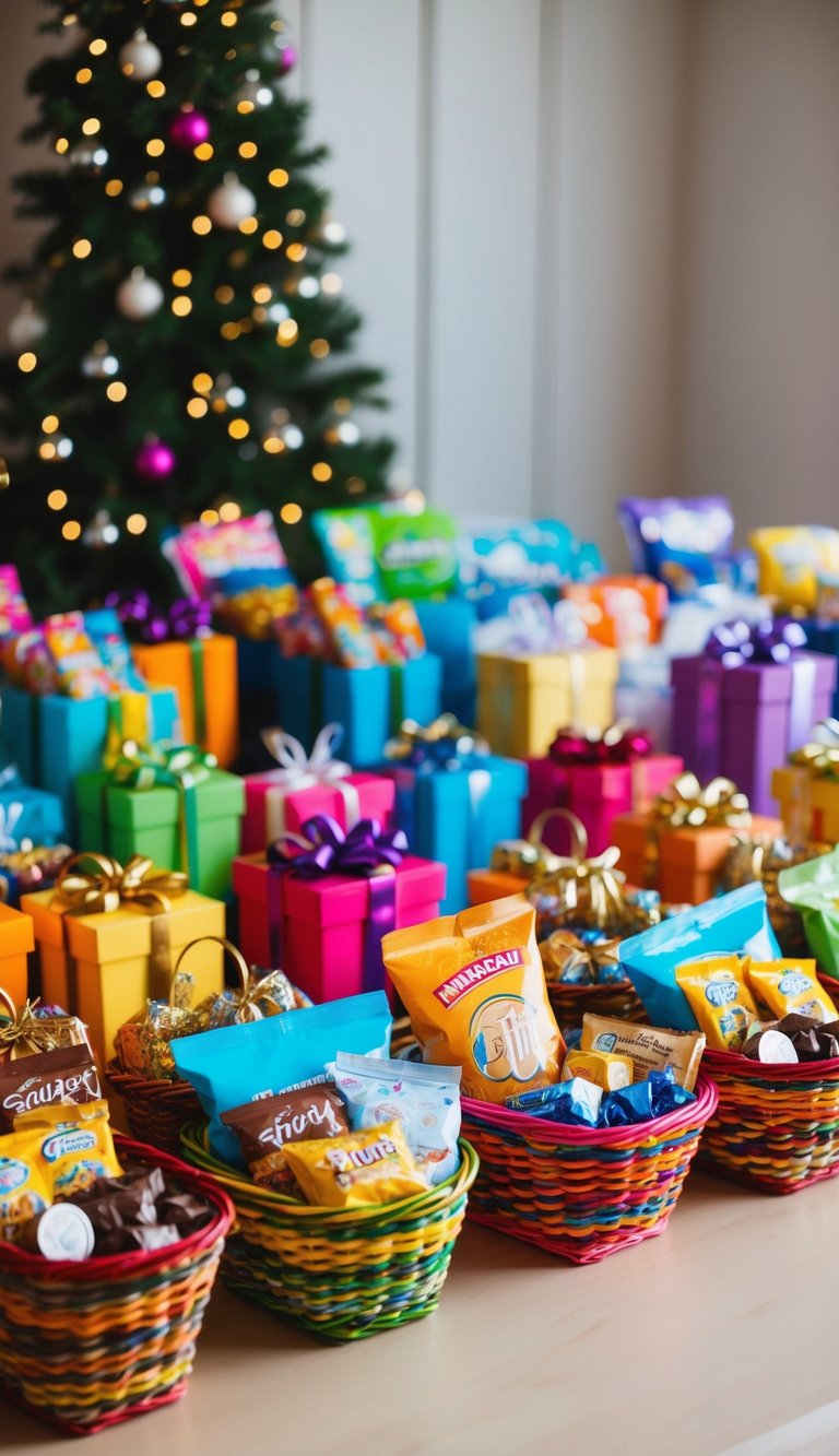 A colorful assortment of budget-friendly gift baskets filled with various items like snacks, chocolates, and small trinkets arranged neatly on a table