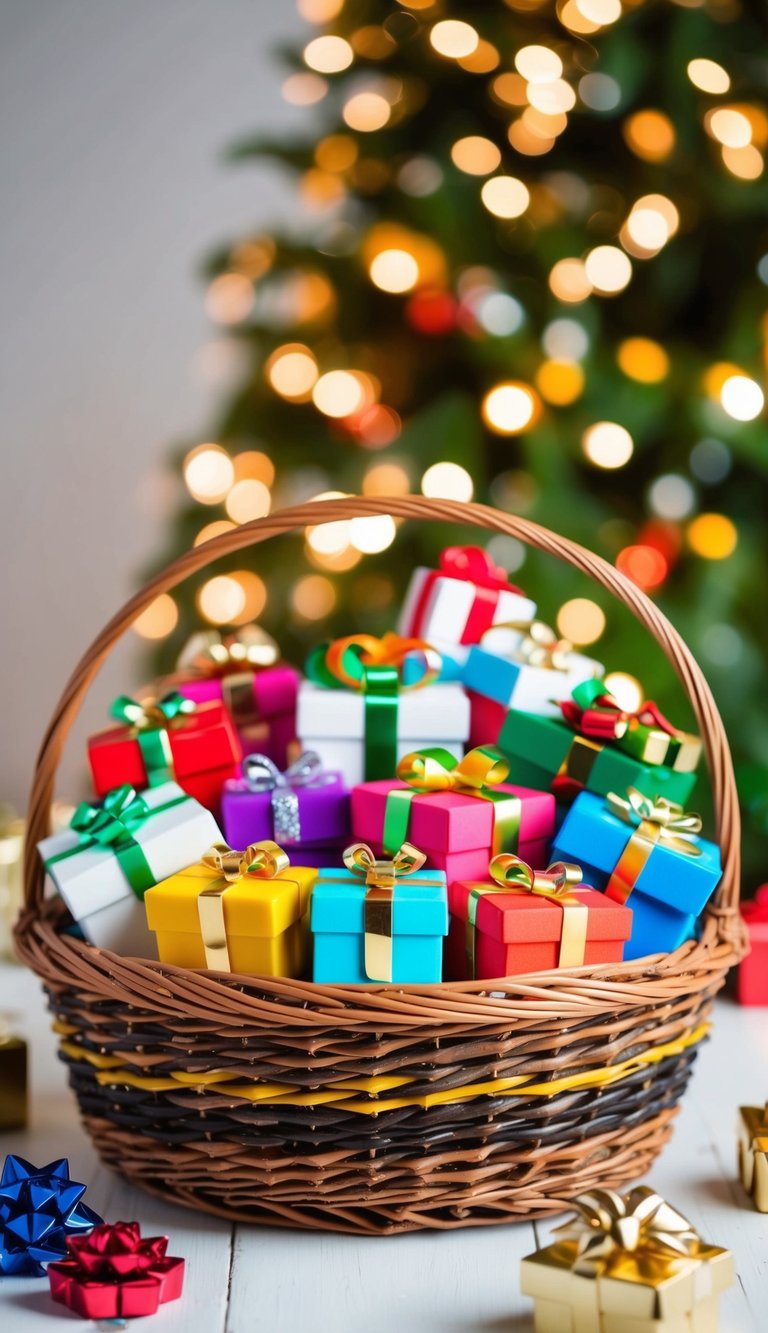 A colorful assortment of small, inexpensive items arranged in a decorative basket, representing various themed gift ideas