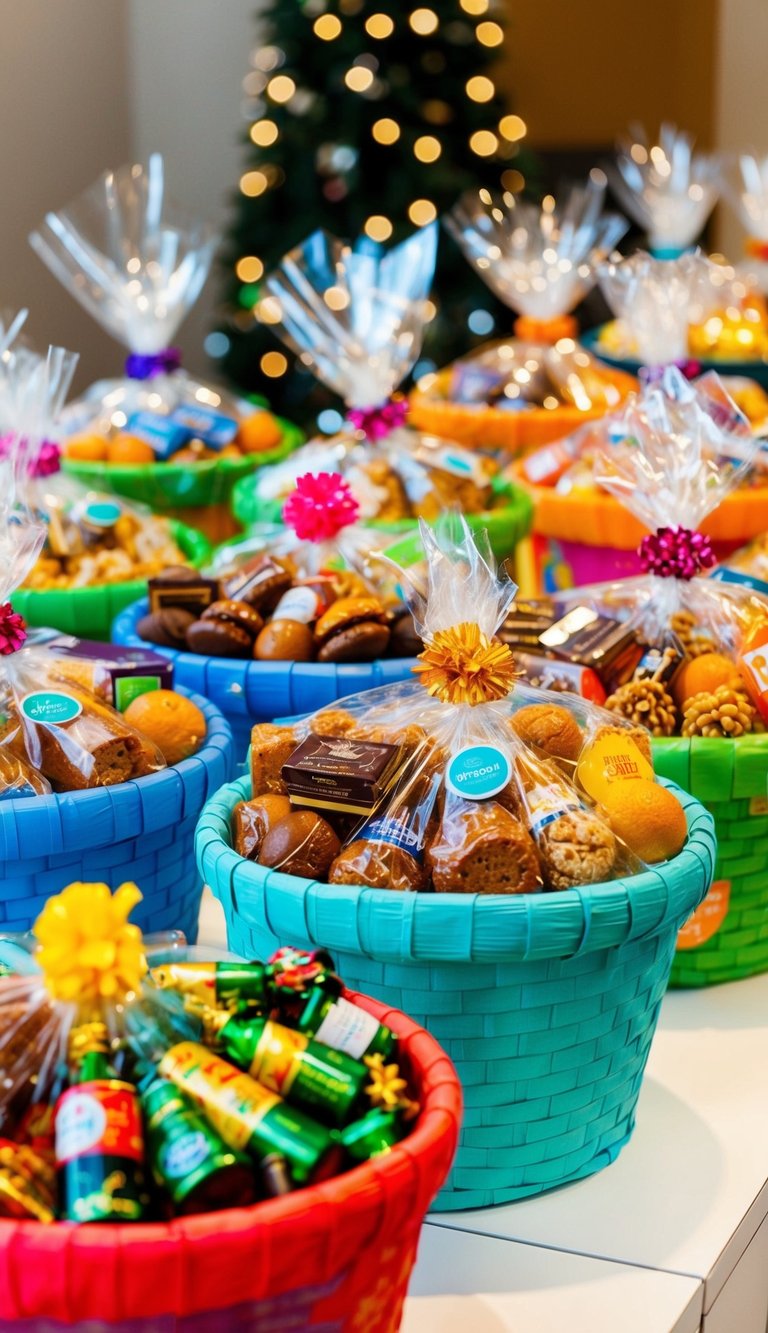 A colorful array of themed gift baskets, filled with assorted goodies and wrapped in decorative cellophane, displayed on a table at a budget-friendly price