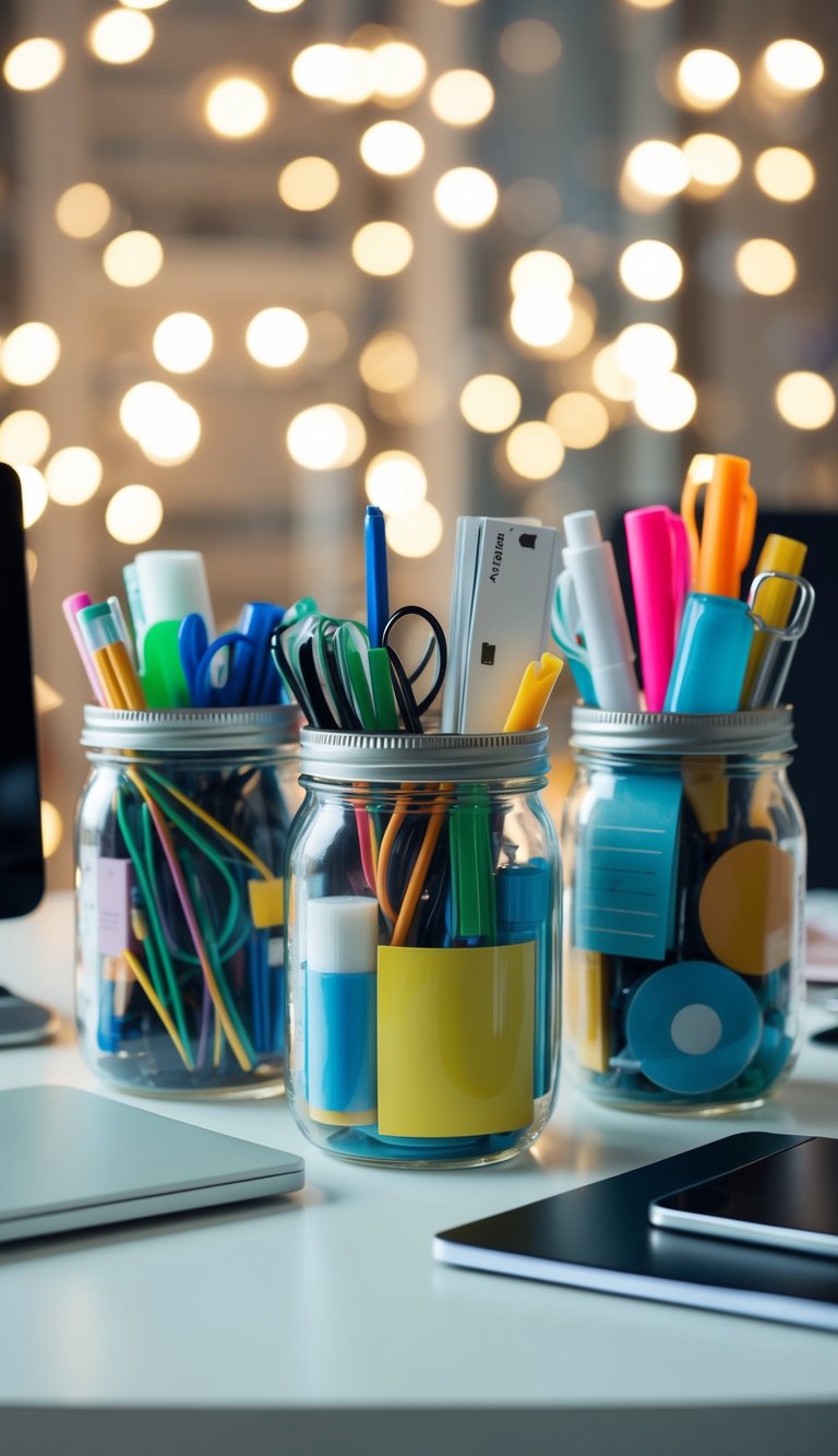 Glass jars filled with various office supplies arranged in different creative ways on a desk