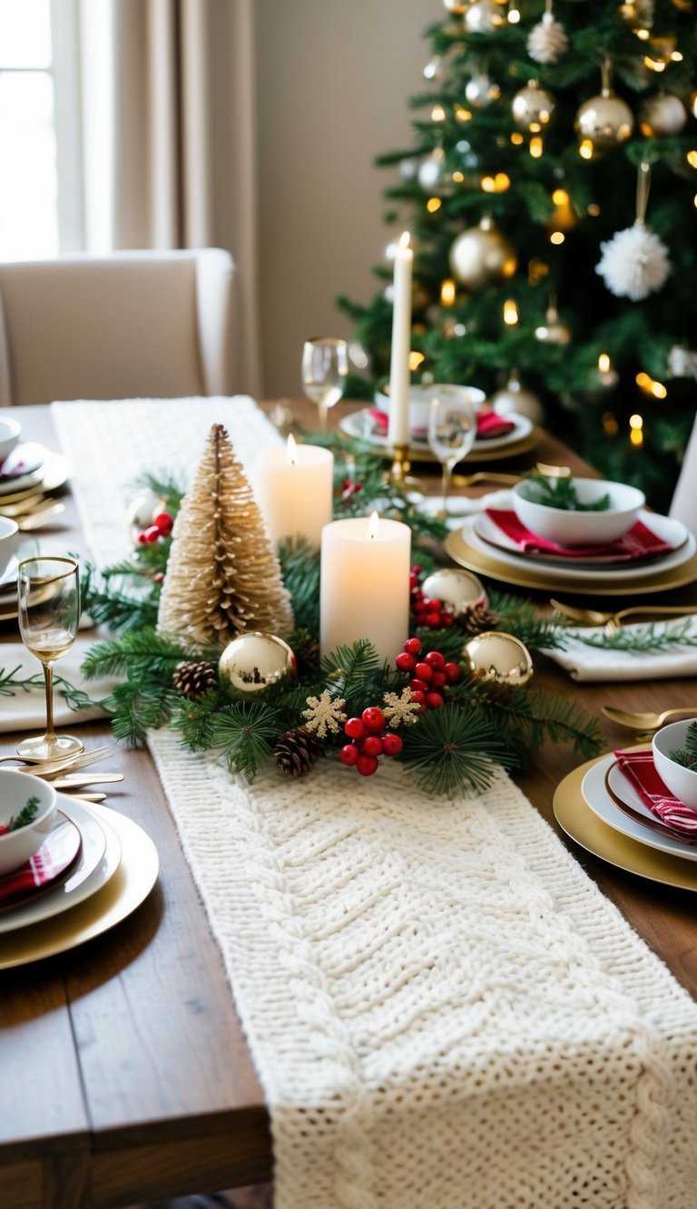 A cozy Nordic knit table runner adorns a festive Christmas table with elegant holiday decorations