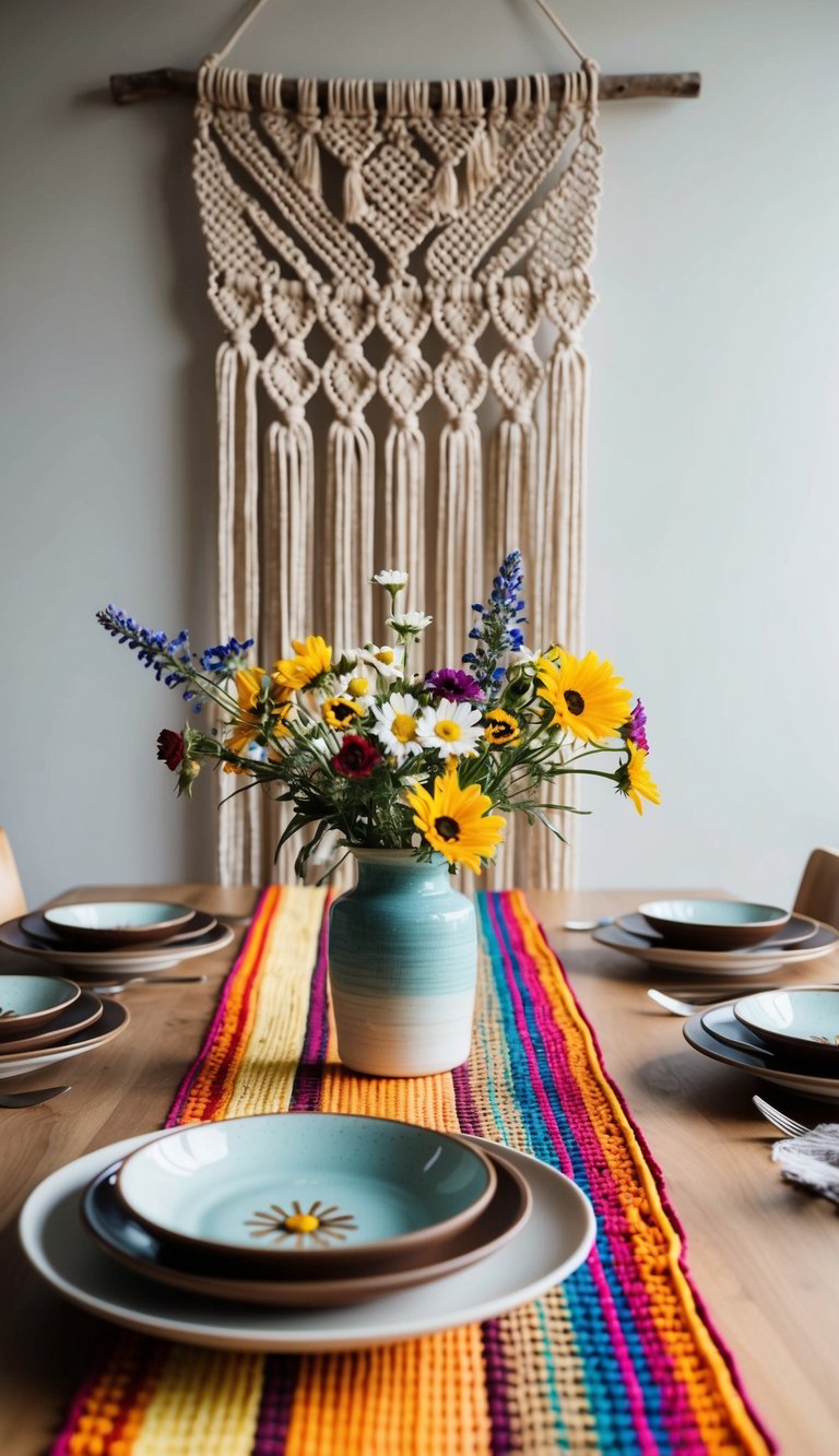 A table adorned with a colorful woven table runner, ceramic dishes, and a vase of wildflowers. A macrame wall hanging drapes in the background