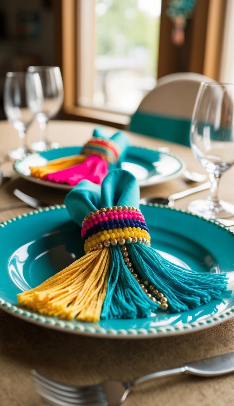 A table set with colorful, handcrafted napkin rings made of fringe and beads, creating a bohemian atmosphere