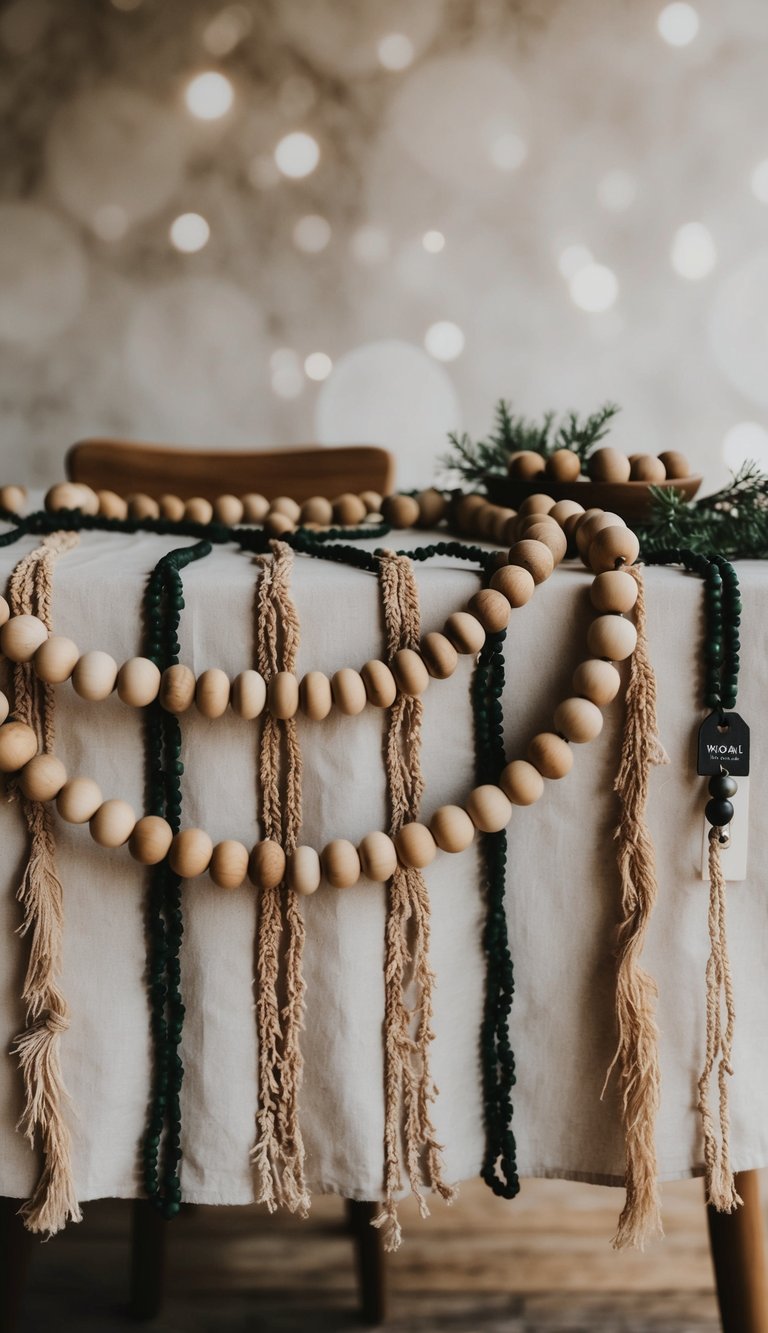 A wooden bead garland drapes across a rustic table, adding a boho touch with its natural texture and earthy tones