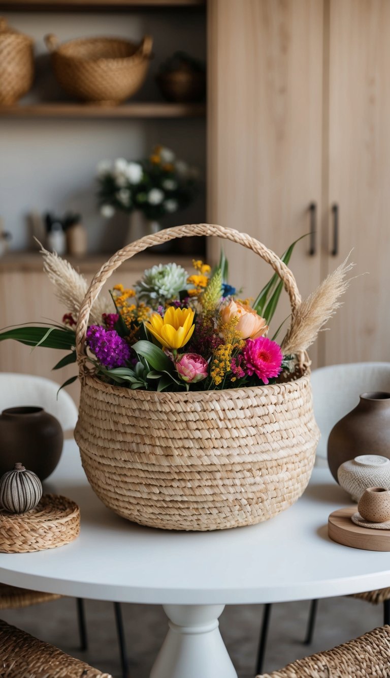 A woven seagrass basket sits on a table, filled with colorful flowers and surrounded by earthy decor items