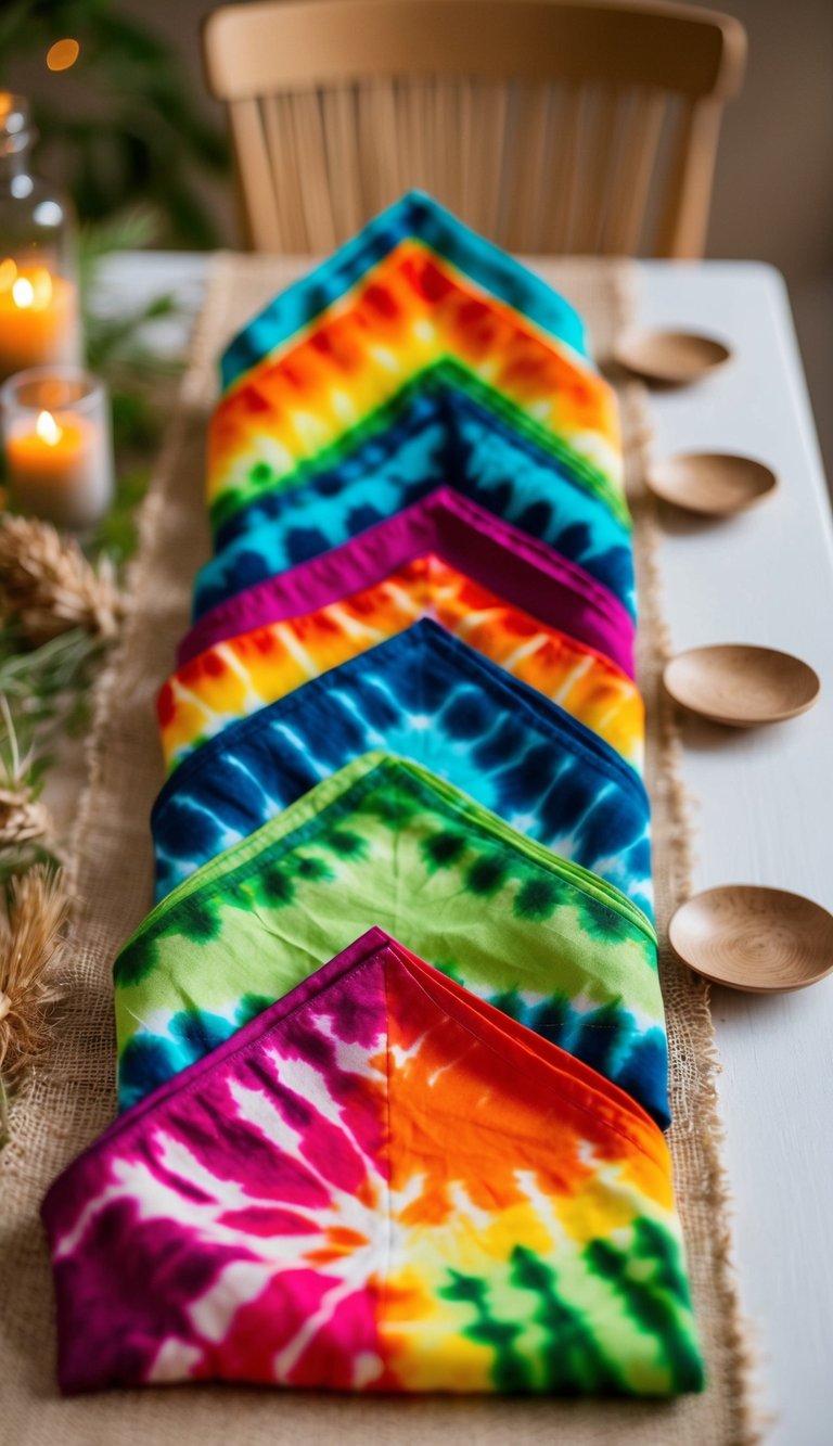 Colorful tie-dye napkins arranged in a bohemian table setting with natural elements and warm lighting