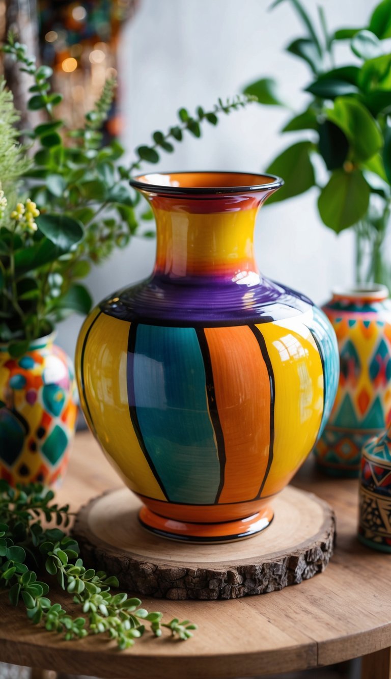 A vibrant, hand-painted ceramic vase sits atop a wooden table, surrounded by eclectic bohemian decor and greenery