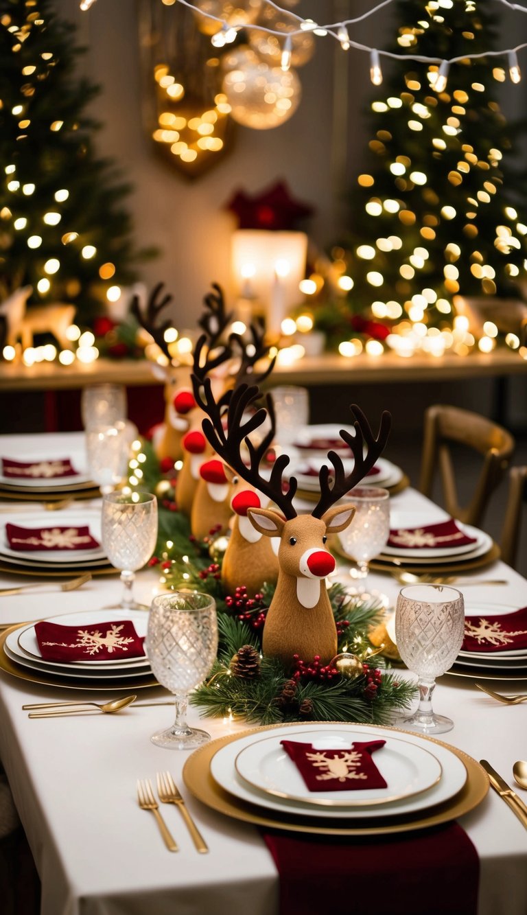 A festive table adorned with reindeer-themed centerpieces, elegant place settings, and twinkling fairy lights