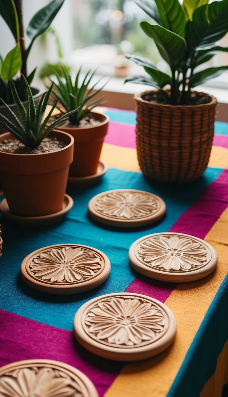 Four carved wooden coasters arranged on a table with a colorful tablecloth, surrounded by potted plants and a woven basket