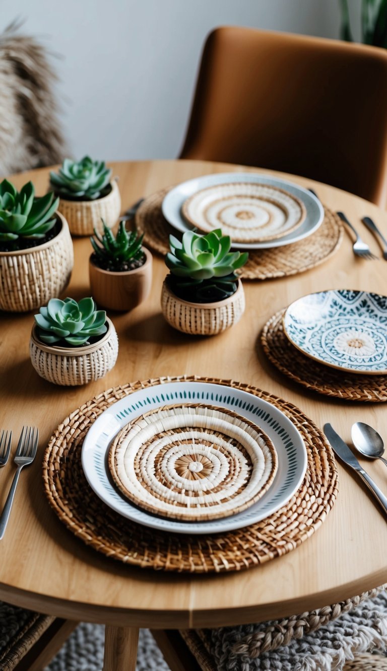 A table set with a handcrafted rattan placemat, surrounded by boho decor such as woven coasters, succulents, and patterned dishes