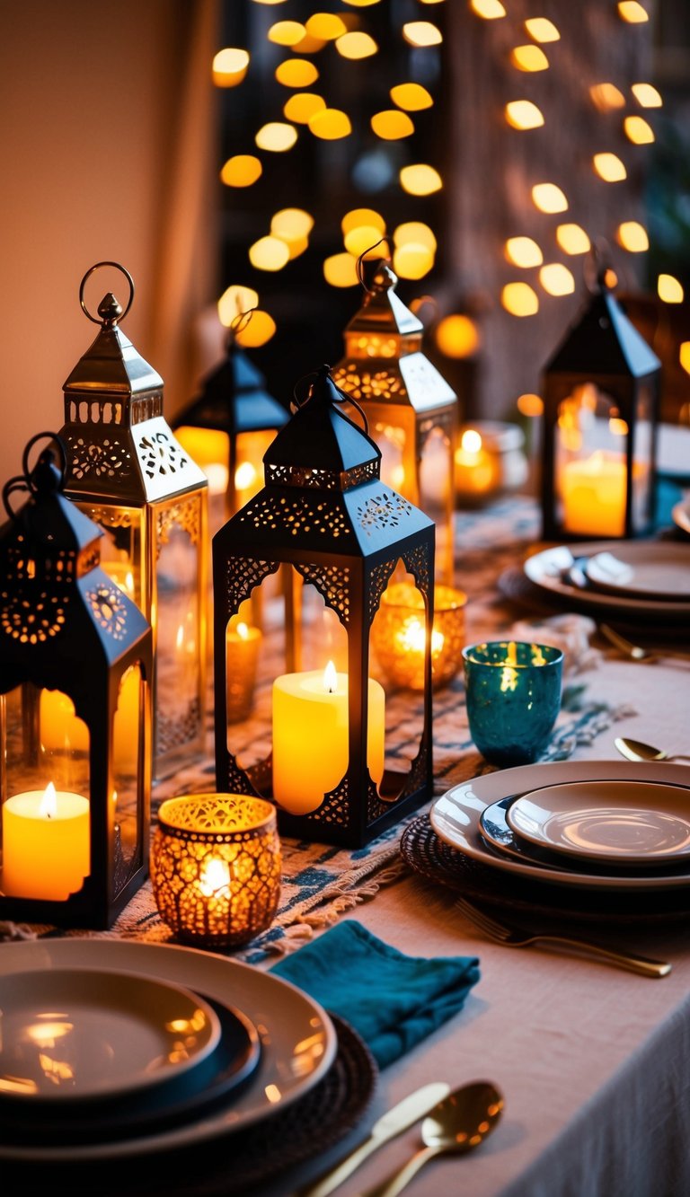 A table set with various Moroccan lantern candle holders, creating a boho-inspired decor with warm, ambient lighting