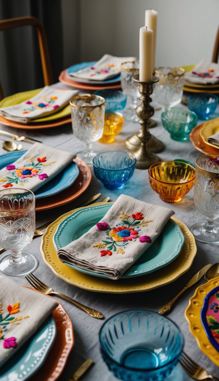 A table set with embroidered linen napkins, surrounded by colorful mismatched plates and vintage glassware, creating a boho-inspired dining scene