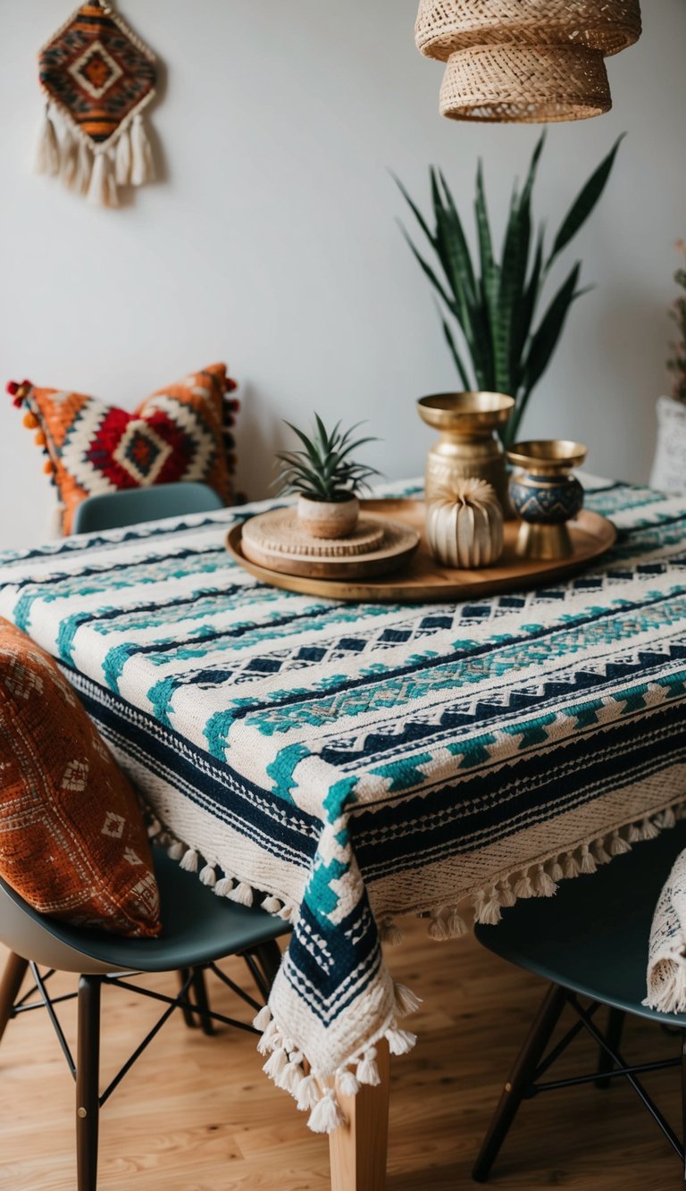 A table with a patterned kilim cover, surrounded by bohemian decor items