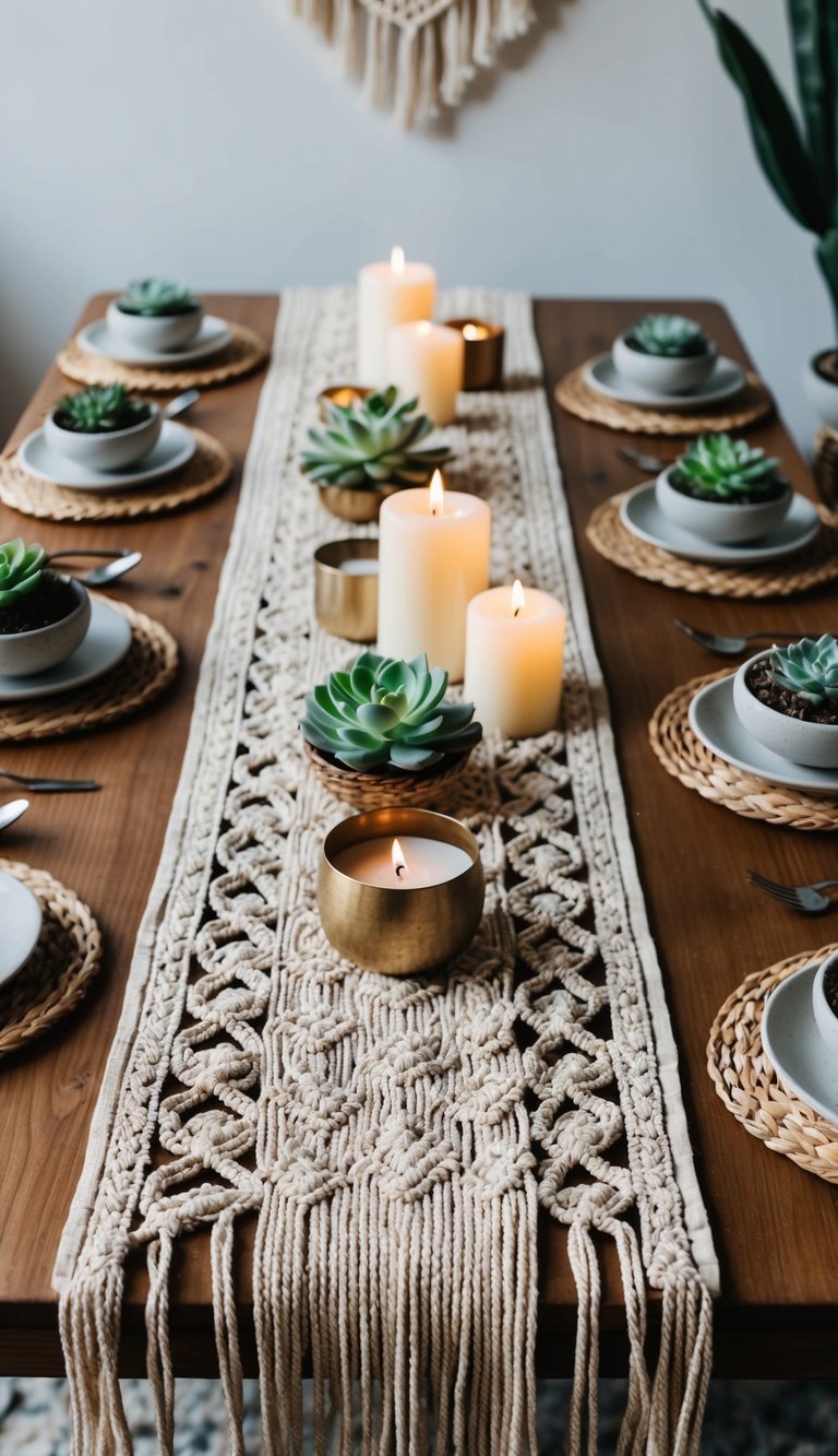 A vintage macrame table runner drapes across a wooden table, adorned with candles, succulents, and woven coasters in a bohemian-inspired setting